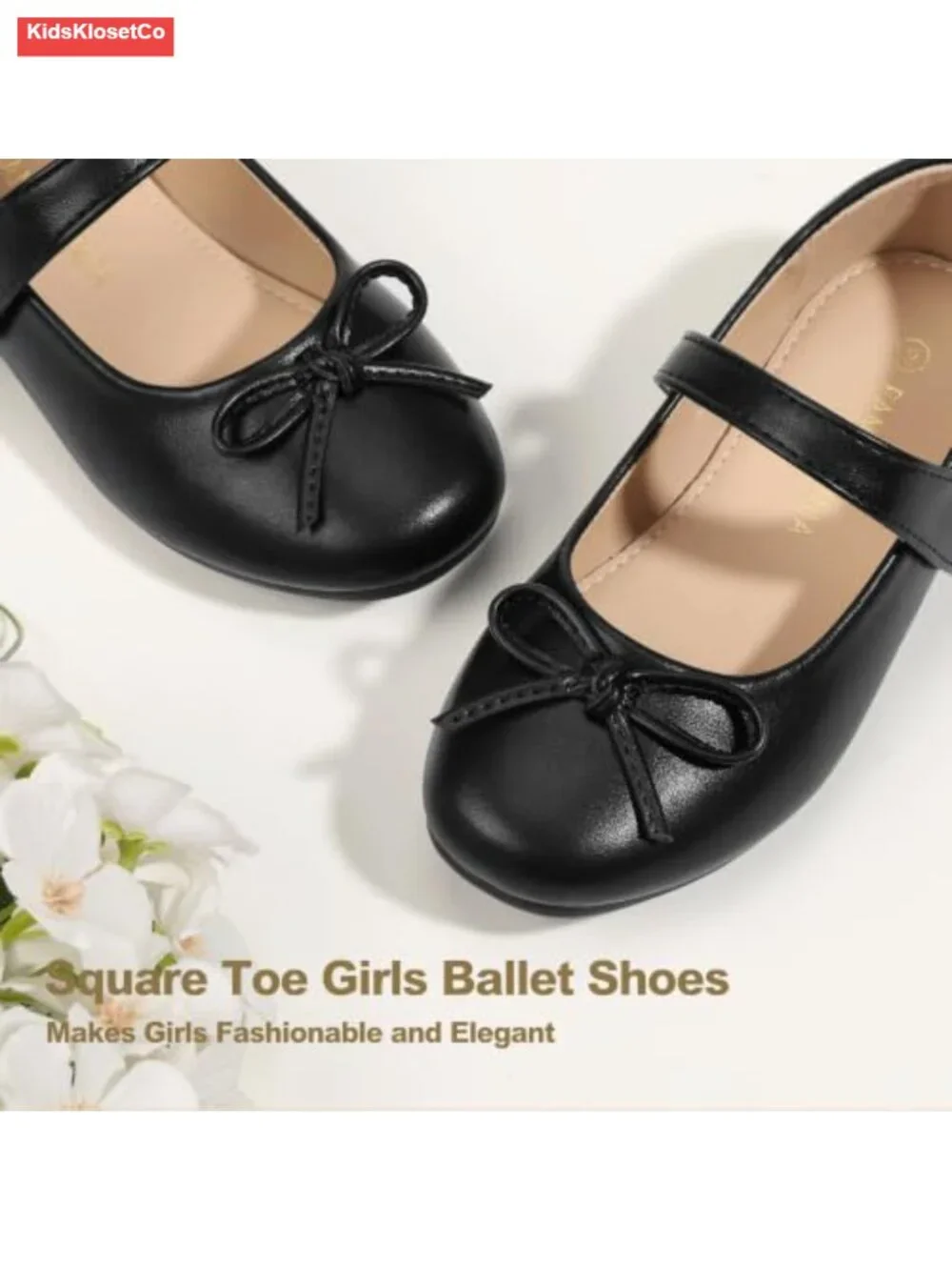 Girls Mary Jane Ballet Flats with Square Toe, Hook & Loop, Non-Slip Sole